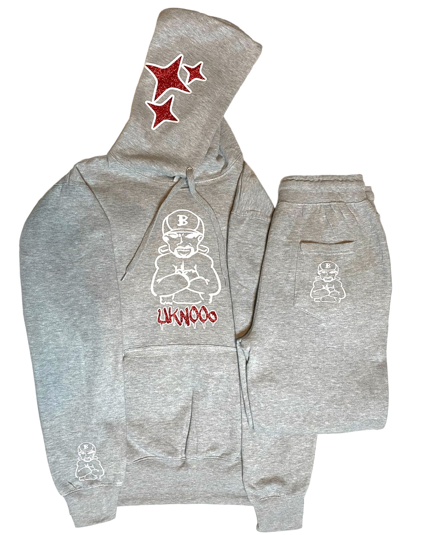 Grey With Red Glitter Heavy Blend Fleece SweatSuit