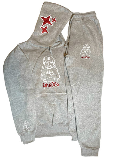 Grey With Red Glitter Heavy Blend Fleece SweatSuit